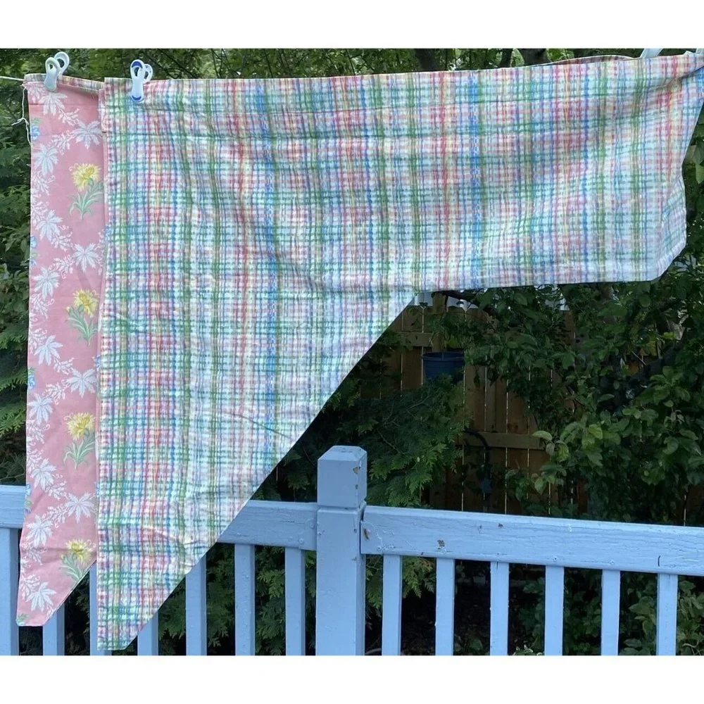 Vintage Canvas Curtain Swag Valance Pink Floral Plaid Reversible